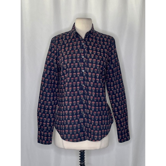 J. CREW Blockprint Buttondown Top Shirt Navy Blue Floral Block Print Size 4 - Picture 1 of 11